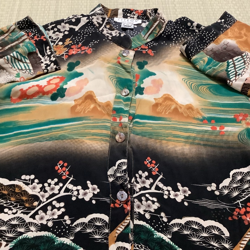 Citron Santa Monica Womens Blouse Medium Silk Asian Shirt Top Tunic Floral Japan - Picture 7 of 9
